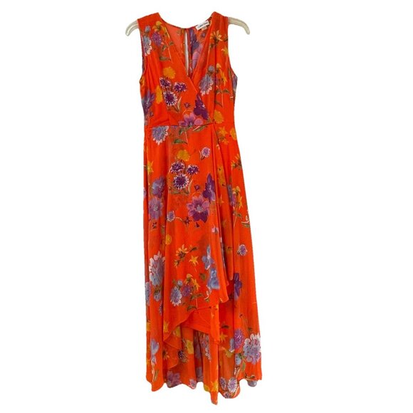 Calvin Klein Chiffon V-Neck Maxi Dress Womens 4 Faux Wrap Floral Party Wedding - Picture 1 of 15